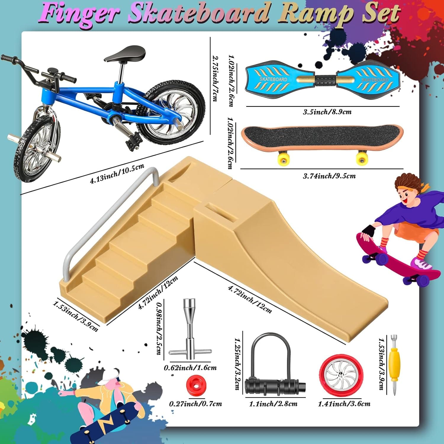 17 Pieces Finger Skateboard Ramp Set Skate Park Kit Ramp Parts Set Mini Finger Toys Set Finger Bike Skate Park Kit with Replacement Wheels and Tools for Kids Party Favor (Classic Color) 17 Pieces Finger Skateboard Ramp Set Skate Park Kit Ramp Parts Set Mini Finger Toys Set Finger Bike Skate Park Kit with Replacement Wheels and Tools for Kids Party Favor (Classic Color)