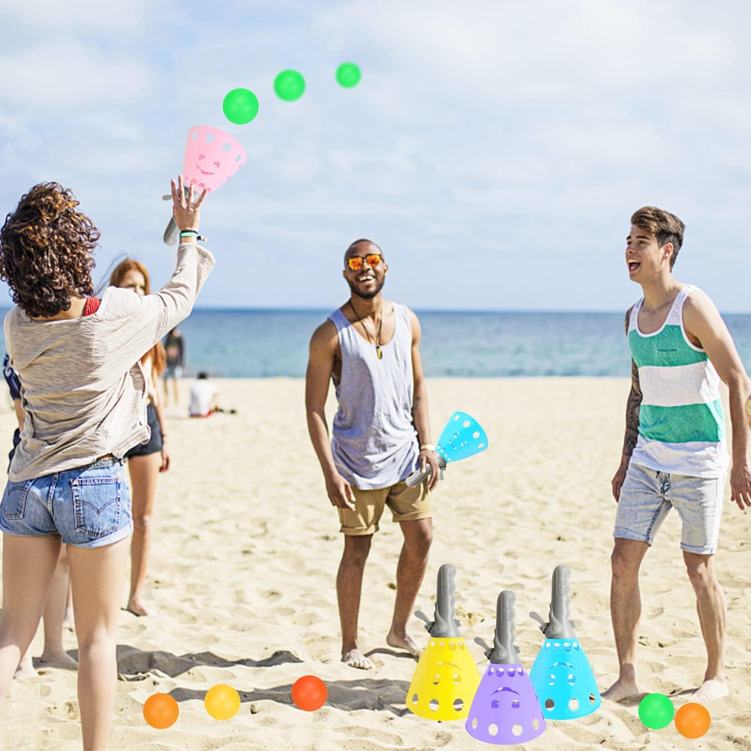 24 Pcs Pop-Pass-Catch Ball Game with 8 Catch Launcher Baskets and 16 Balls,Outdoor Indoor Game Activities for Kids 2023,Lawn Games Beach Sport Toys for Gift,Party Favor,Kids 4 5 6 7 8 9 10+and Adults
