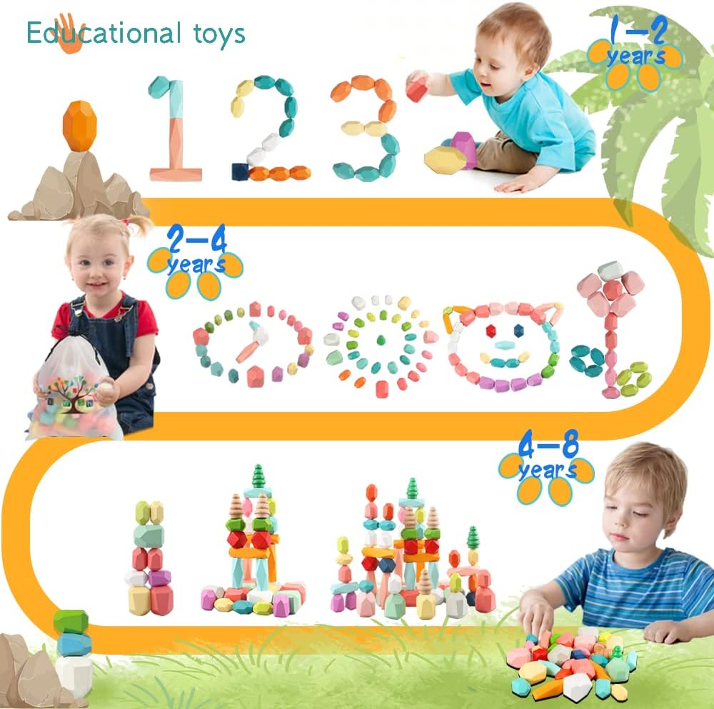 48PCS Wooden Stacking Building Blocks Montessori Toys for 1 2 3 4 5 6 Year Old Girls Boys Preschool Educational Sensory Toys for Toddlers 1-3 STEM Learning Toys Ages 2-4 Kids Games Gift