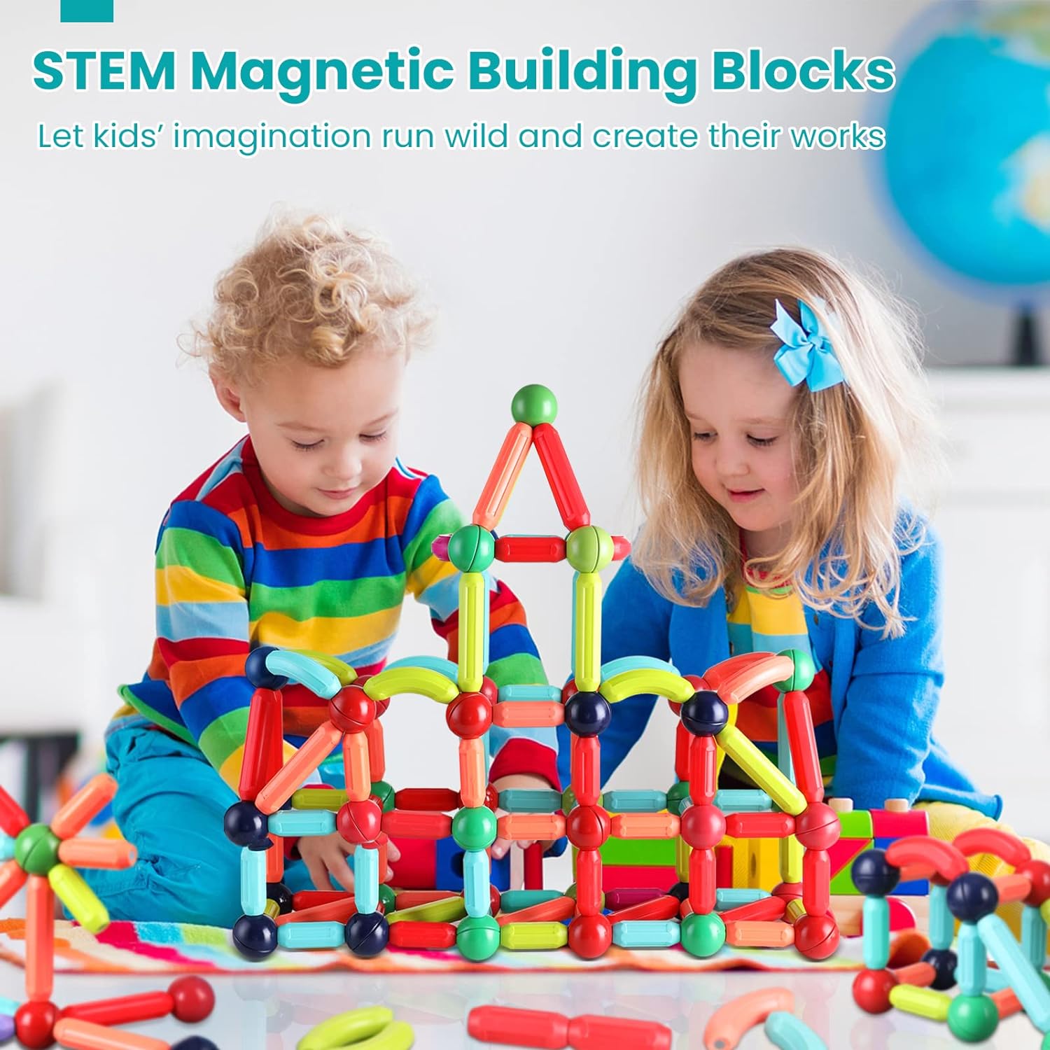 BAKAM Magnetic Building Blocks for Kids Ages 4-8, STEM Construction Toys for Boys and Girls, Large Size Magnetic Sticks and Balls Game Set for Kid’s Early Educational Learning (64PCS)