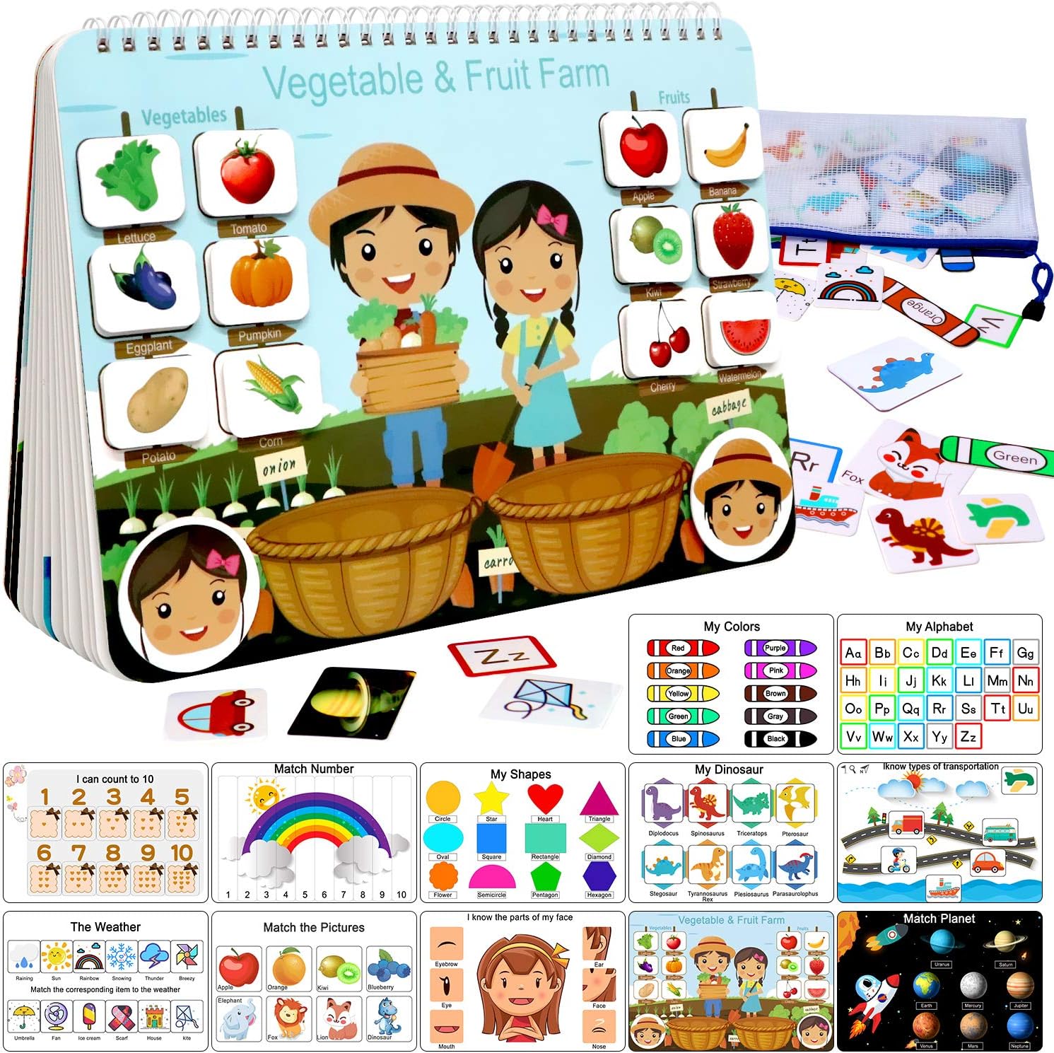 Busy Book for Kids, Montessori Autism Sensory Educational Toys, 12 Pages Toddler Preschool Activity Binder and Early Learning Toys - for Boys Girls Develops Fine Motor Skills