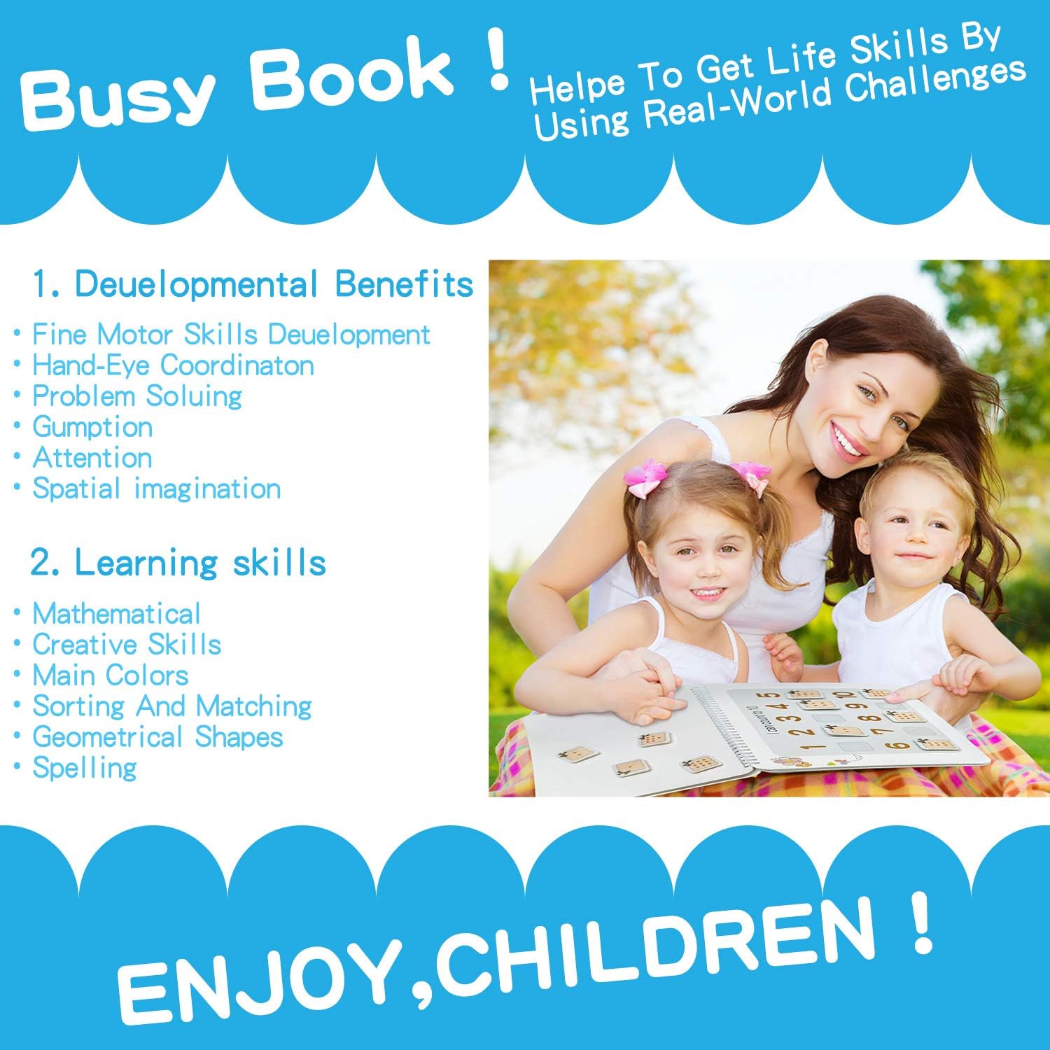 Busy Book for Kids, Montessori Autism Sensory Educational Toys, 12 Pages Toddler Preschool Activity Binder and Early Learning Toys - for Boys Girls Develops Fine Motor Skills
