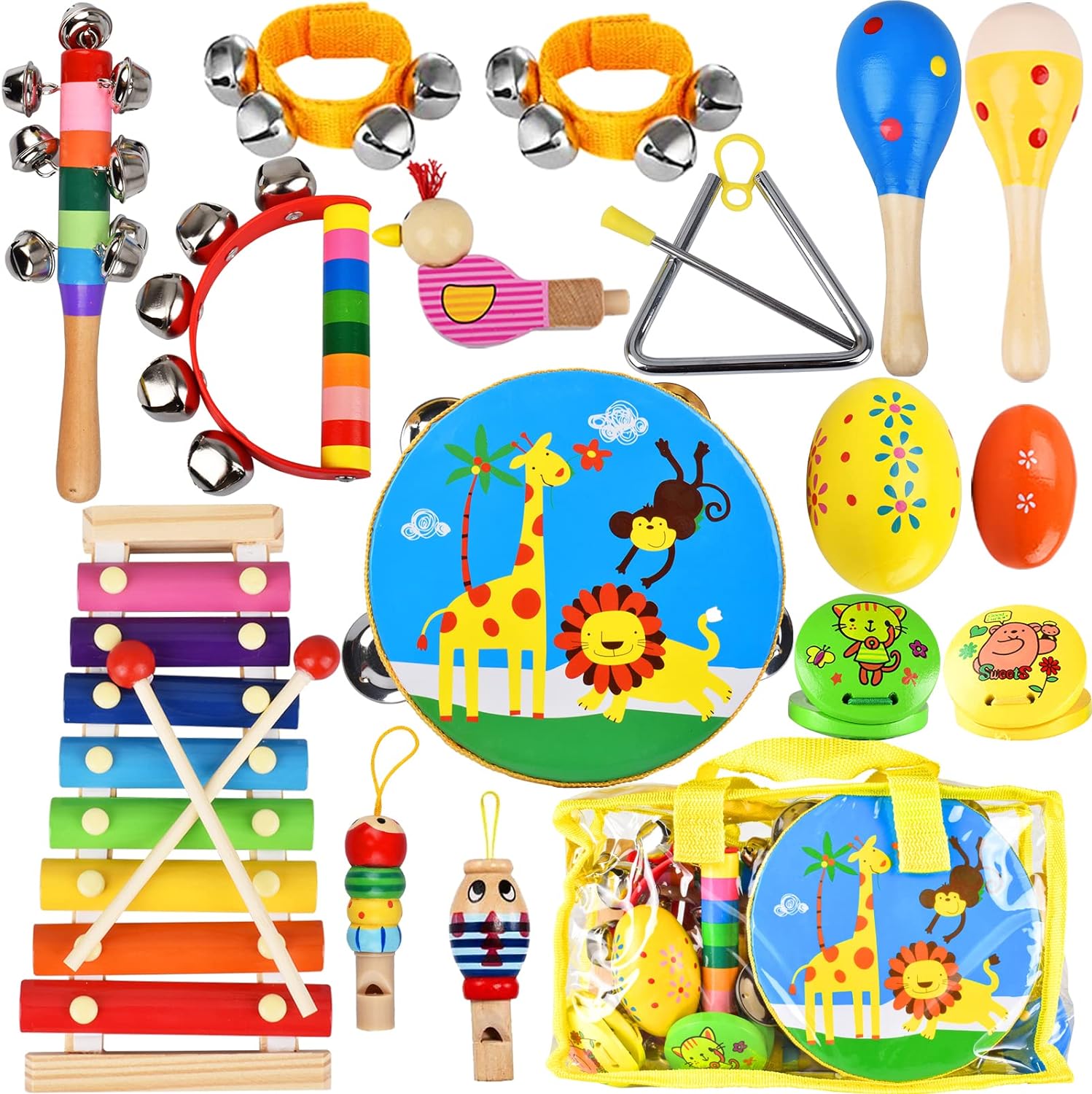 INLAIER Kids Musical Instruments Set, 20 Pcs Wooden Shakers Percussion Instruments Tambourine Xylophone Toys, Child Early Learning Musical Toys for Boys and Girls Gifts Present with Carrying Bag INLAIER Kids Musical Instruments Set, 20 Pcs Wooden Shakers Percussion Instruments Tambourine Xylophone Toys, Child Early Learning Musical Toys for Boys and Girls Gifts Present with Carrying Bag