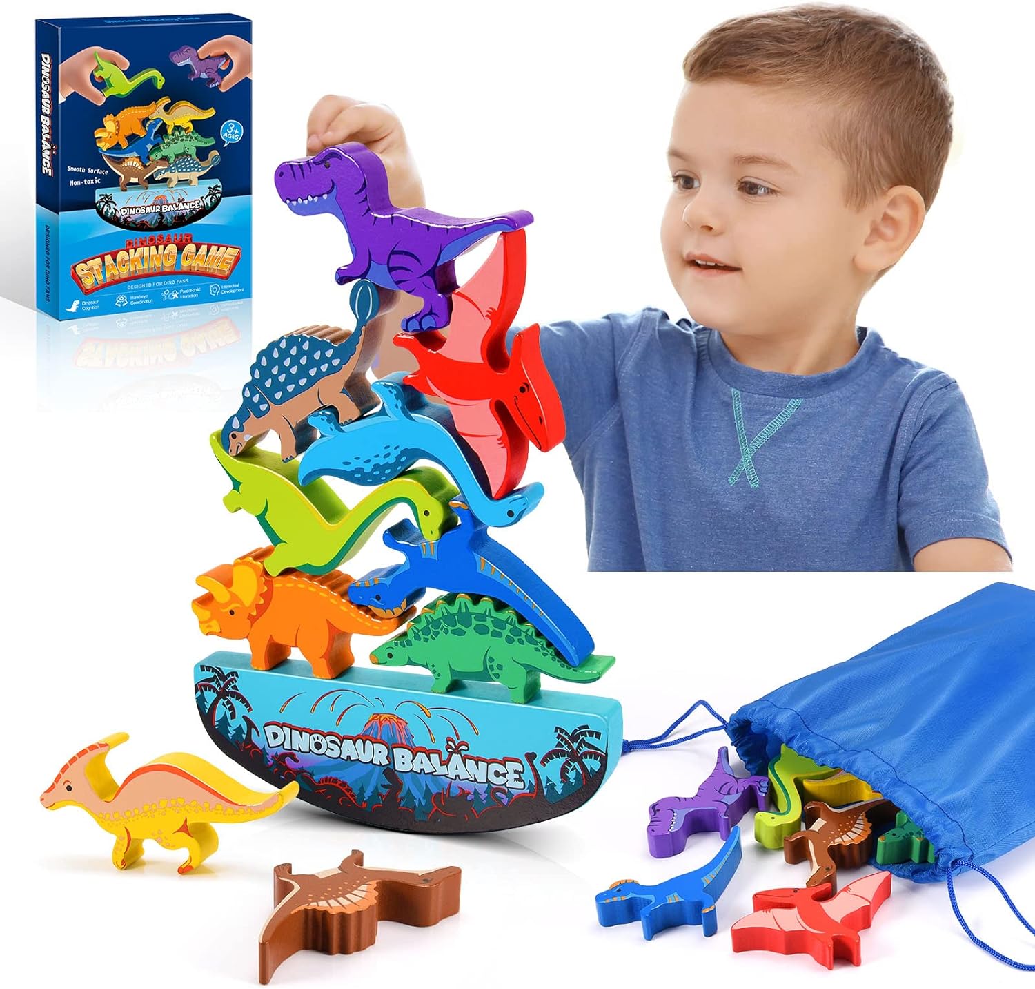 IPOURUP Dinosaur Toys for Kids 3-5: Wooden Stacking Montessori Toys for 3-7 Year Old Balance Competition Game for Family Ideal Christmas and Birthday Gifts for Kids (Classic Version) : Toys Games