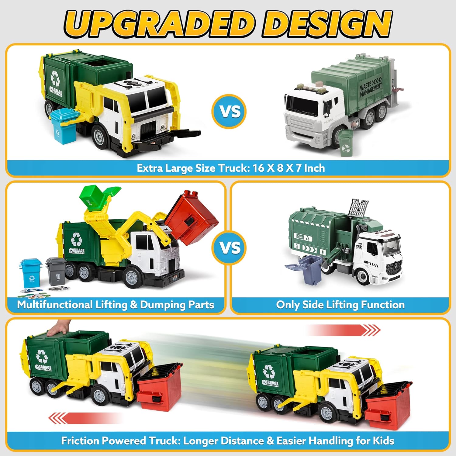 JOYIN 16 Large Garbage Truck Toys for Boys, Realistic Trash Truck Toy with Trash Can Lifter and Dumping Function, Garbage Sorting Cards for Preschoolers, Toy Truck Gift for Boy Age 2 3 4 5 Years Old : Toys  Games