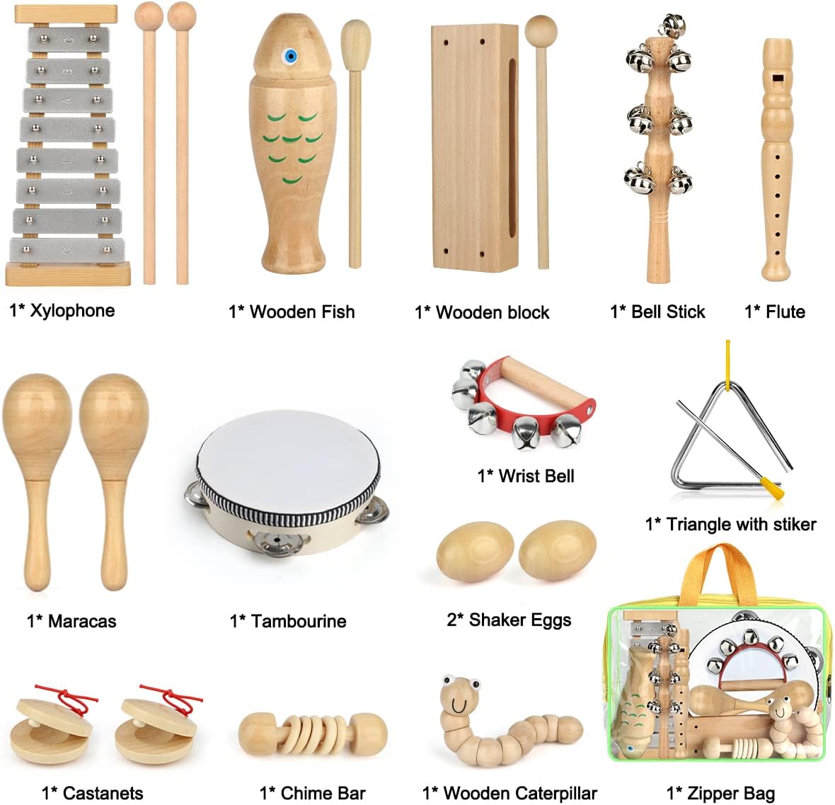 Kids Musical Instruments,100% Natural Wooden Music Percussion Toy Sets, 23 Pcs Tambourine Xylophone Toys for Kids, Girls Boys Preschool Education Early Learning Musical Toys with Bags : Toys Games