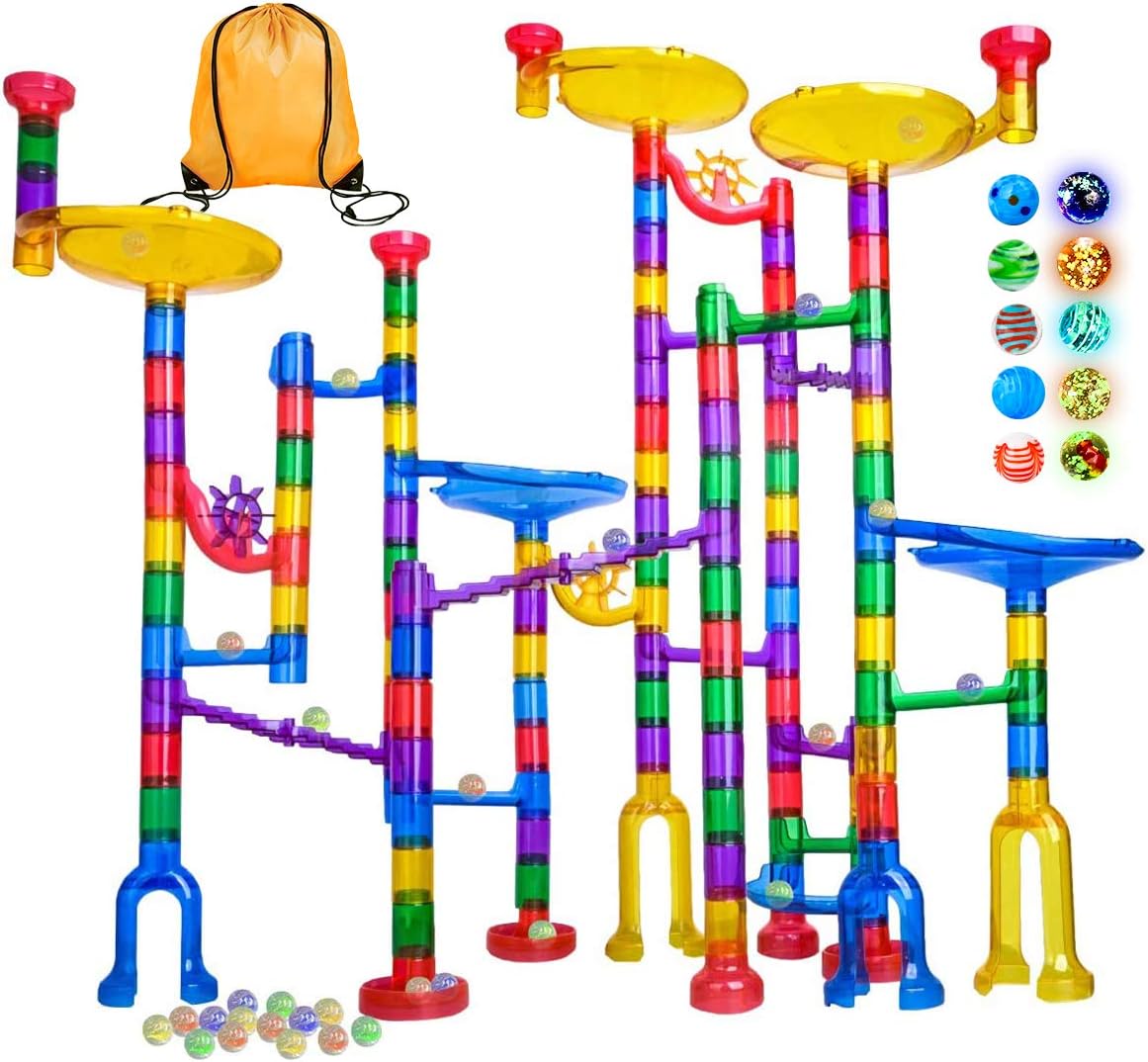 Meland Marble Run - 132Pcs Marble Maze Game Building Toy for Kid, Marble Track Race SetSTEM Learning Toy Gift for Boy Girl Age 4 5 6 7 8 9+ (102 Translucent Marbulous Pcs 30 Glass Marbles)
