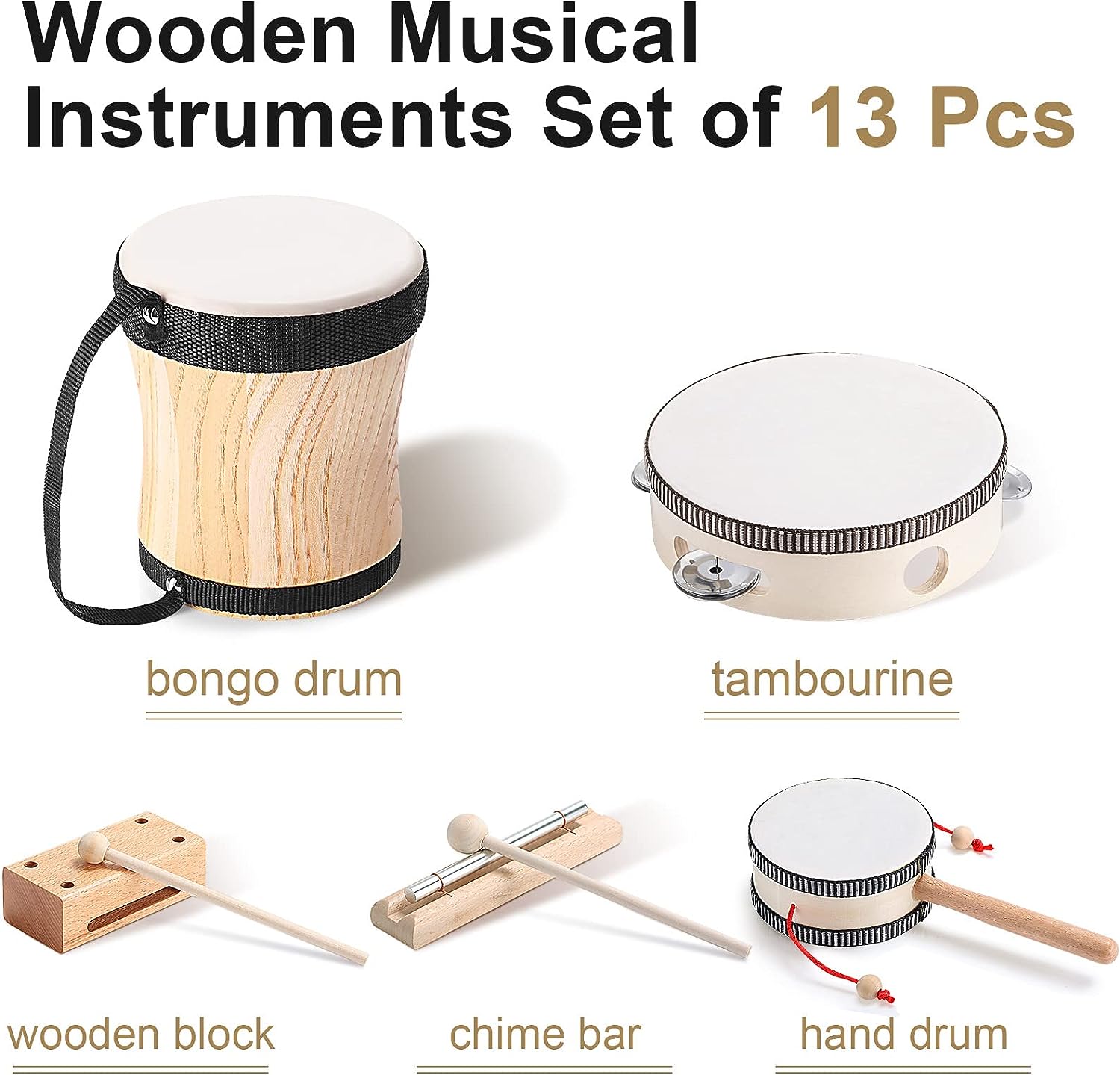 Musical Instruments Set Natural Wooden Musical Toys Preschool Educational Music Toys Set Bongo Drum Musical Instruments for Kids Preschool Educational Learning Toys (Drum, 13 Pcs)