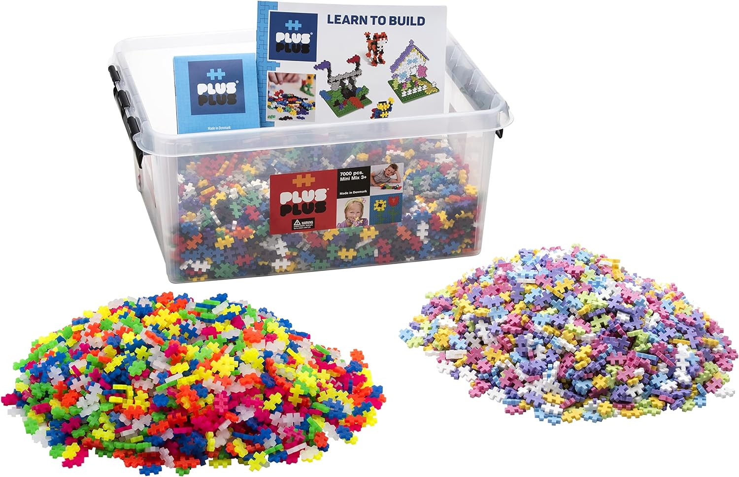 PLUS PLUS - Open Play Set - 7,000 Piece in Storage Tub - Basic, Neon, Pastel Color Mix - Construction Building Stem Toy, Interlocking Mini Puzzle Blocks for Kids