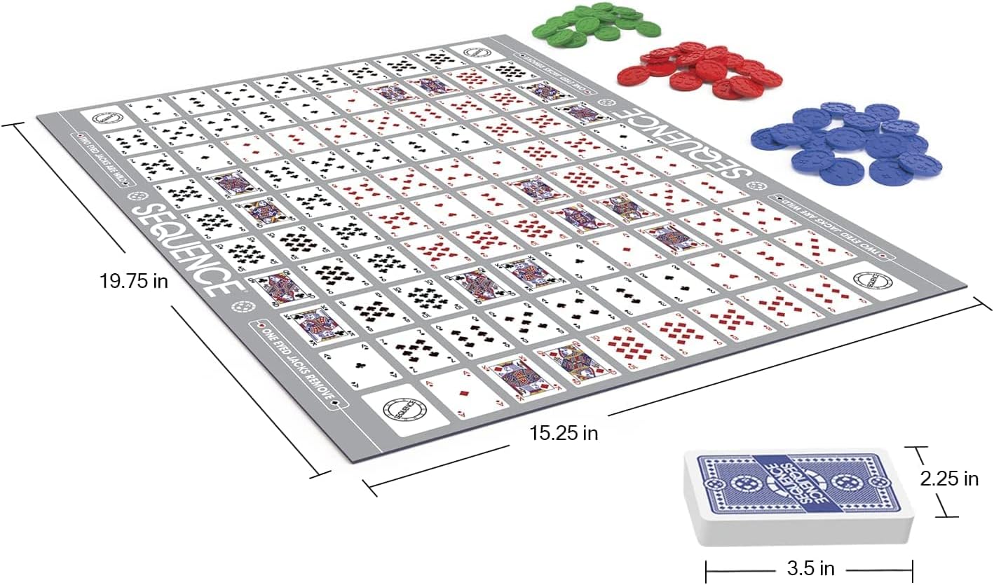 SEQUENCE- Original SEQUENCE Game with Folding Board, Cards and Chips by Jax ( Packaging may Vary ) White, 10.3 x 8.1 x 2.31 SEQUENCE- Original SEQUENCE Game with Folding Board, Cards and Chips by Jax ( Packaging may Vary ) White, 10.3 x 8.1 x 2.31