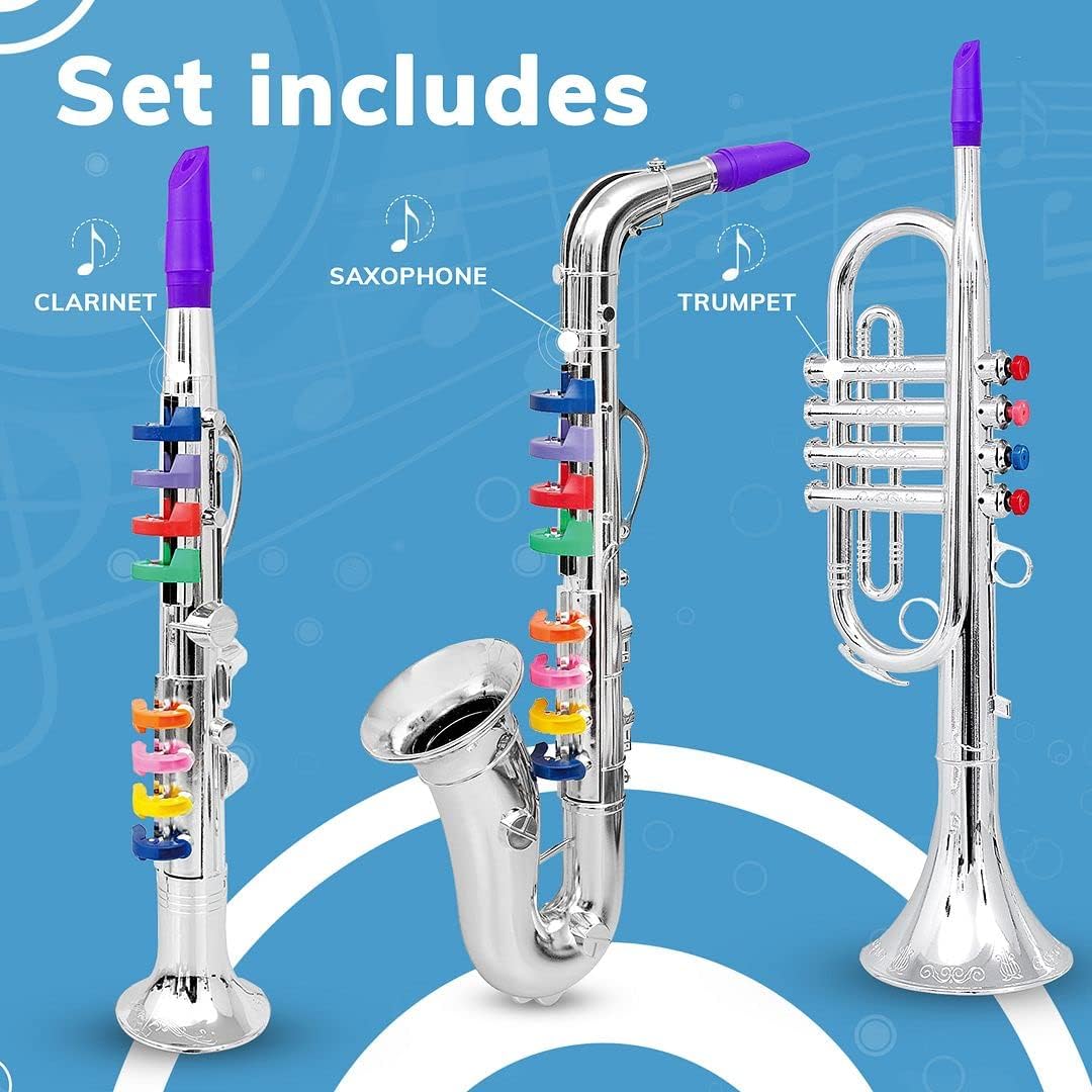 Set of 3 Kids Musical Instruments Toy Clarinet, Toy Saxophone and Toy Trumpet, 3 Wind and Brass Musical Instruments Combo with Over 10 Color Keys Coded Teaching Songs for Toddlers Set of 3 Kids Musical Instruments Toy Clarinet, Toy Saxophone and Toy Trumpet, 3 Wind and Brass Musical Instruments Combo with Over 10 Color Keys Coded Teaching Songs for Toddlers