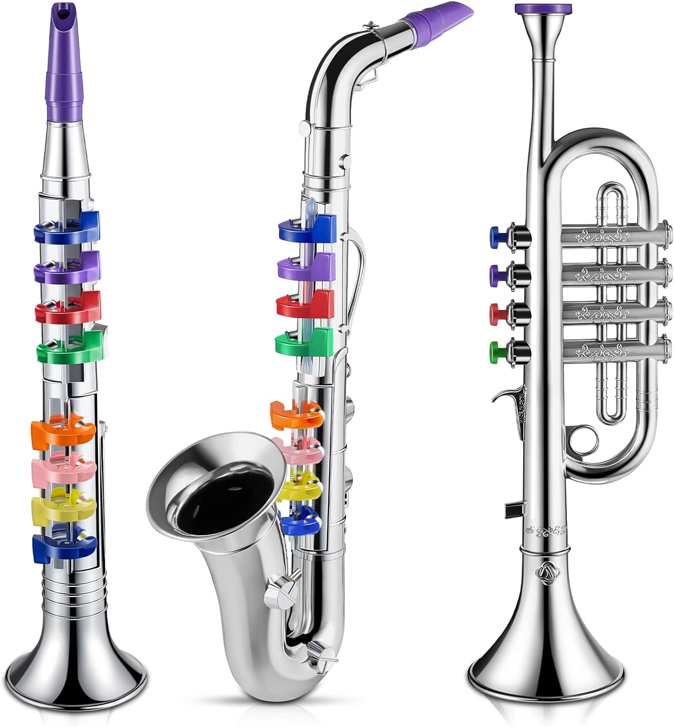 Set of 3 Saxophone for Kids Musical Instruments Toy Saxophone Toy Trumpet and Toy Clarinet with 8 Colored Coded Keys Teaching Songs for Toddlers Children (Silver) : Toys Games