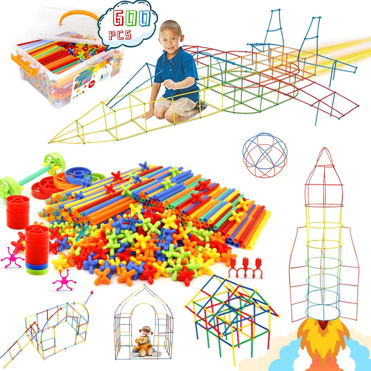 Straw Constructor Toys STEM Building Toys 600Pcs Straw Toy Interlocking Plastic Toys Engineering Toys Thin Tube Blocks Toy Educational Toy Kit for 3 4 5 6 7years Kids Toy for Boys and Girls Gift