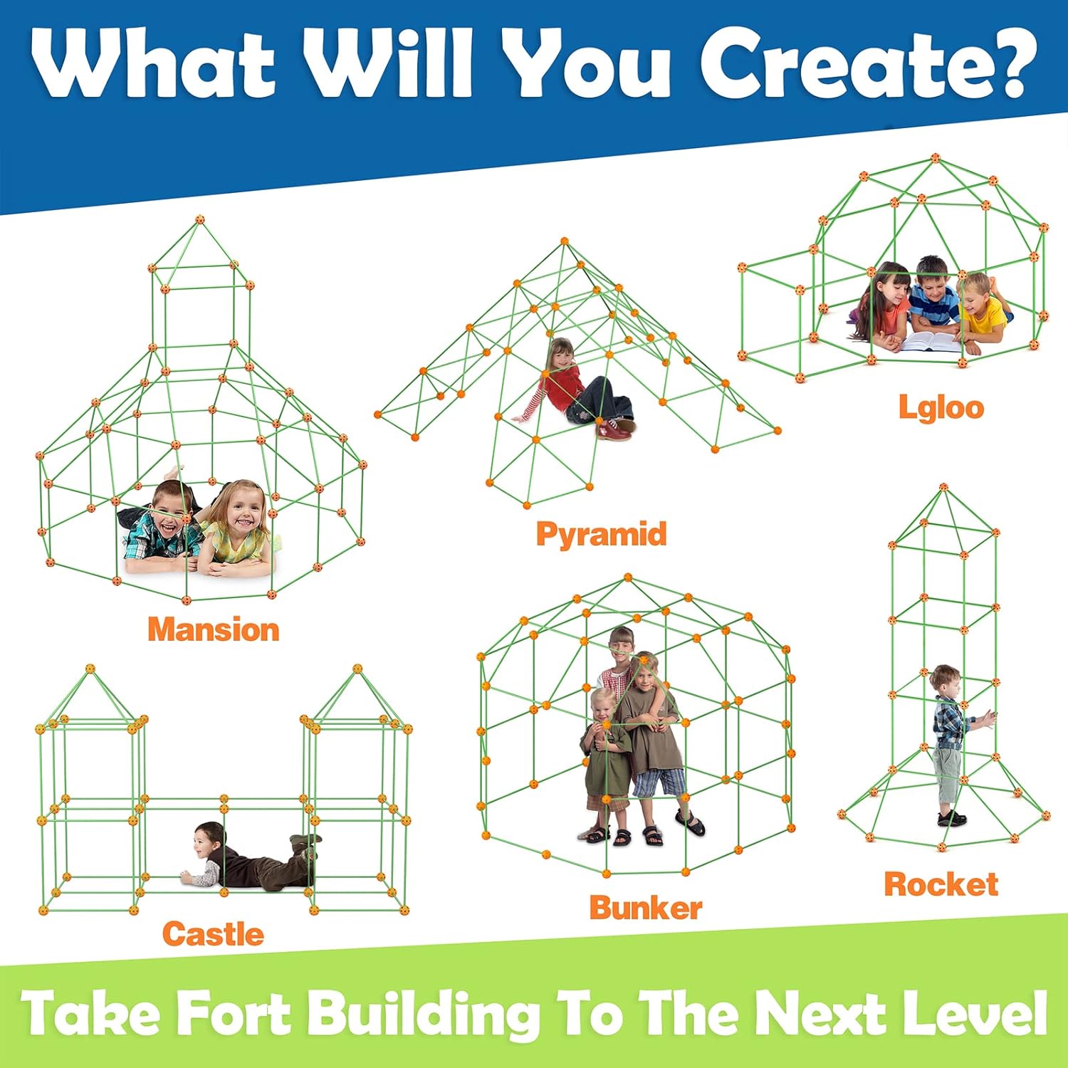 Tiny Land Kids-Fort-Building-Kit-80 Pieces-Creative Fort Toy for 5,6,7,8 Years Old Boy  Girls-STEM Building Toys DIY Castles Tunnels Play Tent Rocket Tower Indoor and Outdoor Playhouse