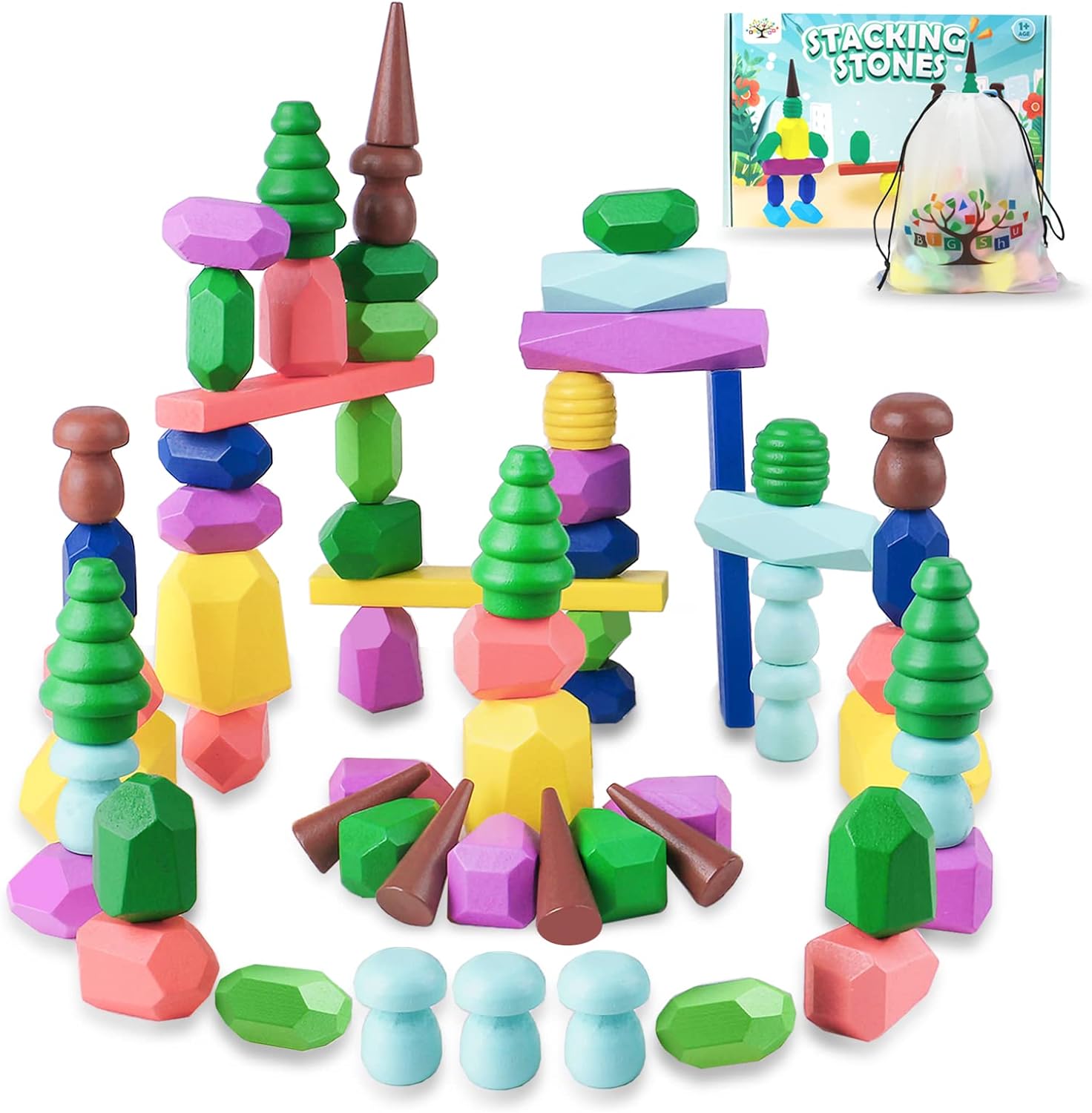Toys for 3 Year Old Boys Girls, 36 PCS Colorful Wooden Sorting Stacking Rocks, Sensory Toys for Toddlers 3-4 Montessori Building Blocks for Kids Ages 4-8, Preschool Learning Activities for Home School : Toys Games