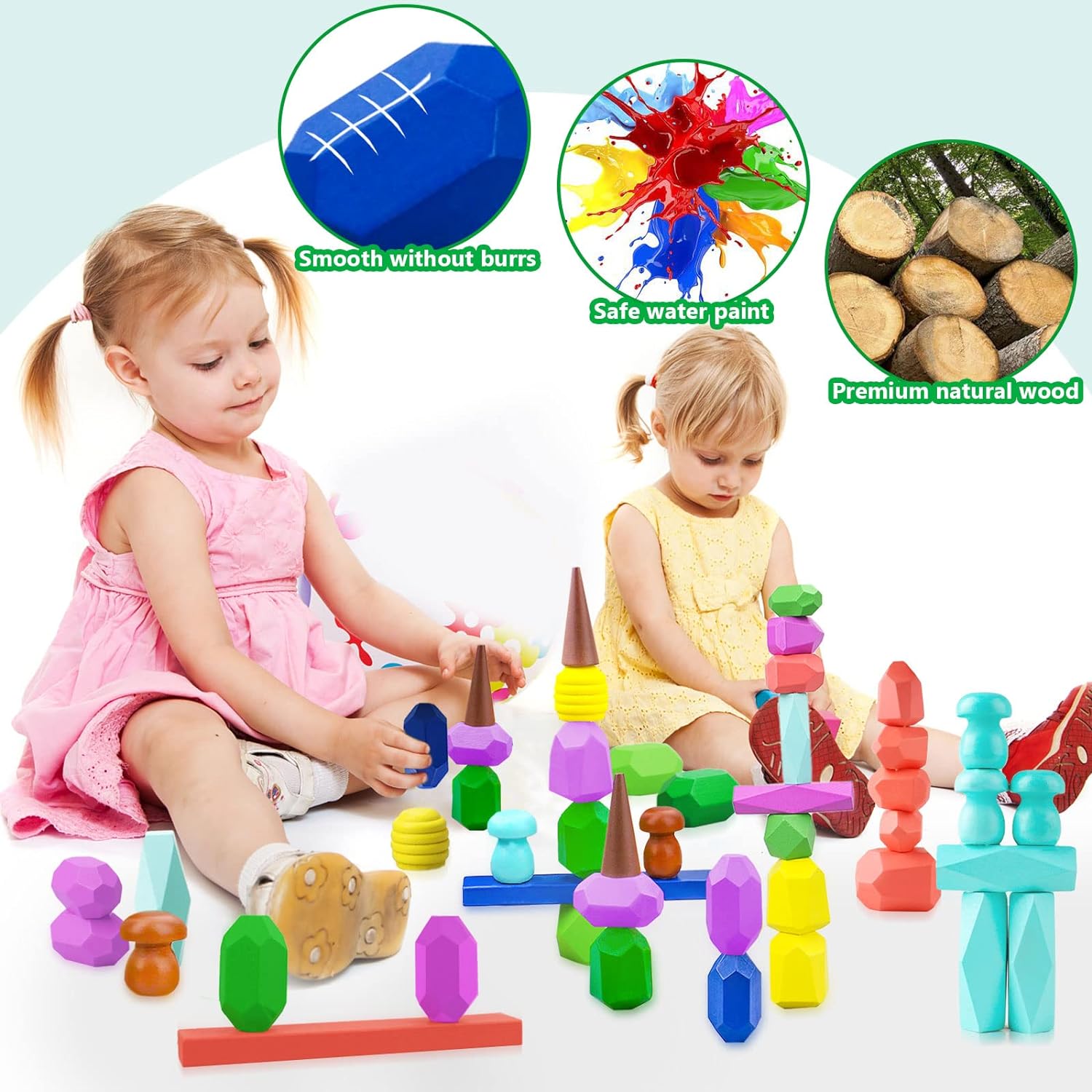 Toys for 3 Year Old Boys Girls, 36 PCS Colorful Wooden Sorting Stacking Rocks, Sensory Toys for Toddlers 3-4 Montessori Building Blocks for Kids Ages 4-8, Preschool Learning Activities for Home School : Toys Games