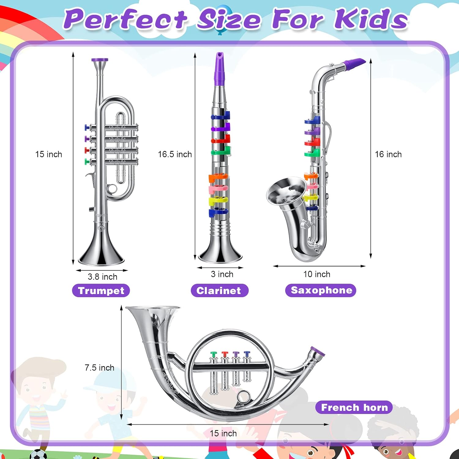 Treela Set of 4 Musical Instruments Toy Clarinet, Toy Saxophone, Toy Trumpet and Toy Horn for Beginners 4 Wind and Brass Musical Instruments Combo with over 10 Color Keys Coded for Boys Girls (Silver) Treela Set of 4 Musical Instruments Toy Clarinet, Toy Saxophone, Toy Trumpet and Toy Horn for Beginners 4 Wind and Brass Musical Instruments Combo with over 10 Color Keys Coded for Boys Girls (Silver)