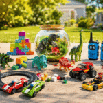 Best birthday gifts for 5 year old boys including a scooter, race track, dinosaur toys, building blocks, walkie talkies, and toy vehicles arranged outside