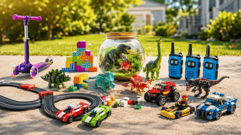 Best birthday gifts for 5 year old boys including a scooter, race track, dinosaur toys, building blocks, walkie talkies, and toy vehicles arranged outside