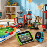 Best birthday gifts for 5 year old boys displayed in a colorful playroom, including a tabletop soccer game, learning tablet, smartwatch, trampoline, dinosaur building set, and fire station toy.