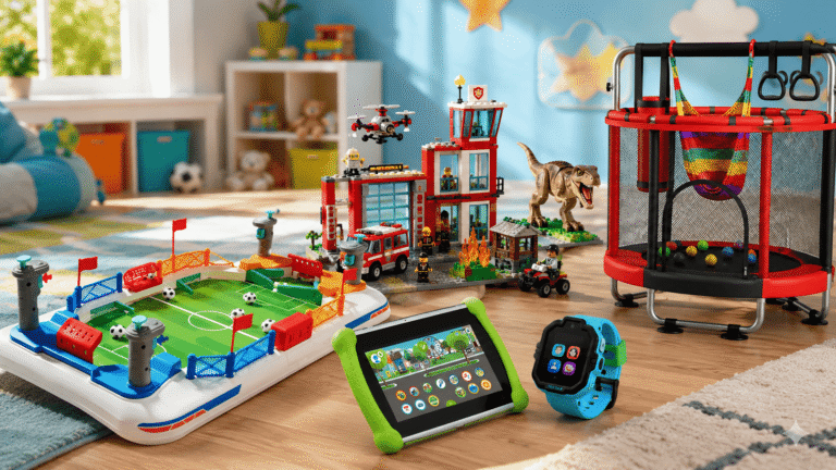 Best birthday gifts for 5 year old boys displayed in a colorful playroom, including a tabletop soccer game, learning tablet, smartwatch, trampoline, dinosaur building set, and fire station toy.
