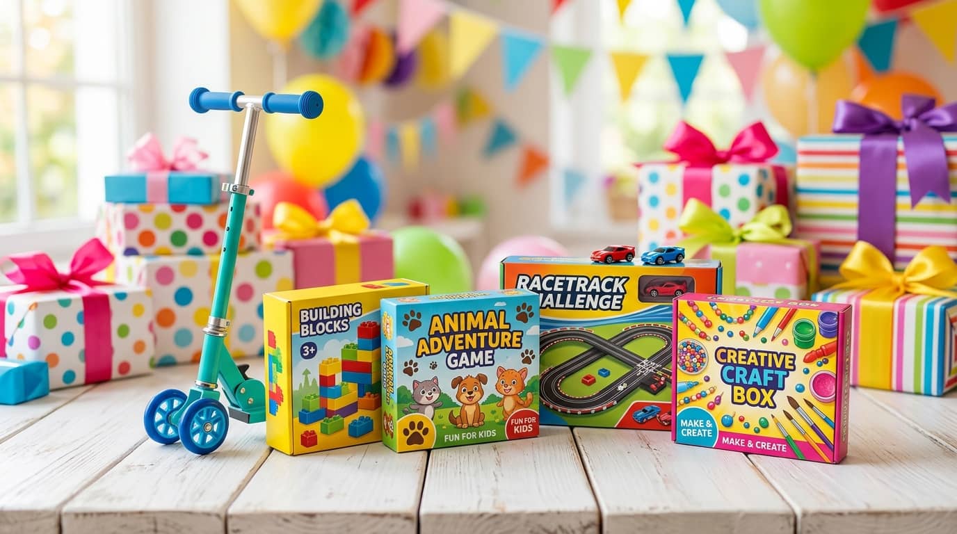 Best birthday gifts for 5 year old boys including a scooter, building blocks, a board game, a race track, and a craft kit