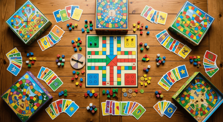 best board games for 5 year olds including colorful game boards cards and playing pieces on a wooden table