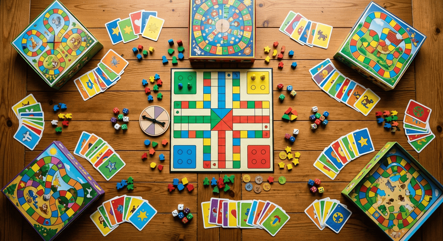 best board games for 5 year olds including colorful game boards cards and playing pieces on a wooden table