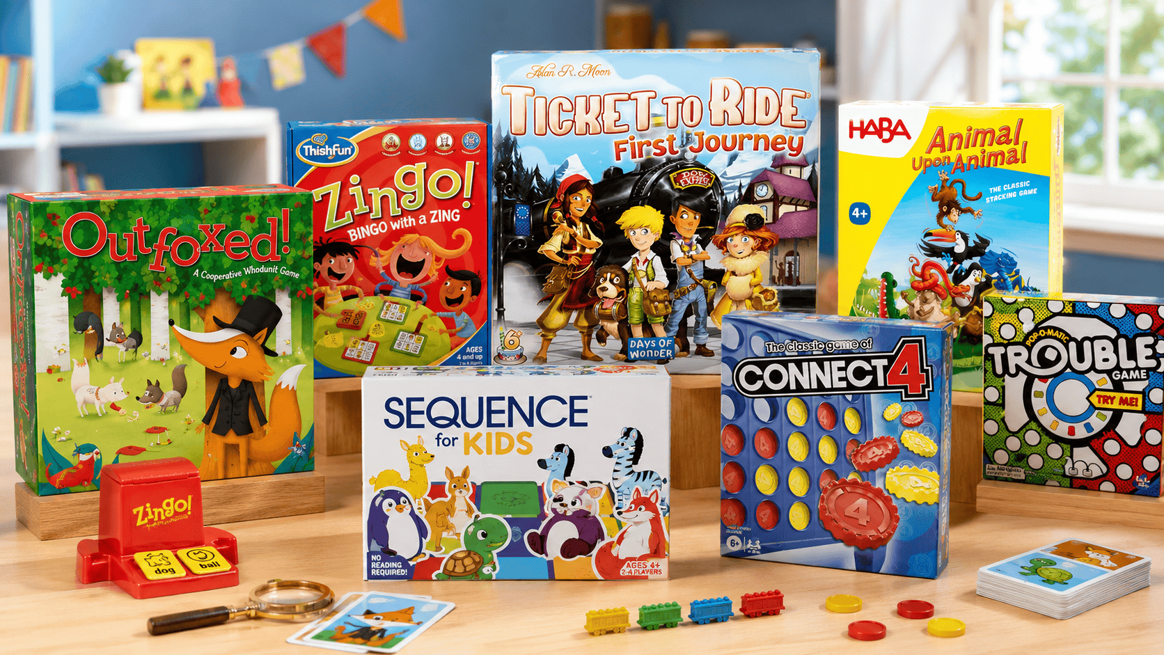 Best board games for 5 year olds displayed on a playroom table, including Outfoxed, Zingo, Ticket to Ride First Journey, Sequence for Kids, Connect 4, Animal Upon Animal, and Trouble.