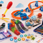 Best Christmas Gifts for 5 Year Old Boys, featuring construction trucks, a remote control monster truck, hover soccer toy, magic kit, and walkie talkies near a decorated Christmas tree.