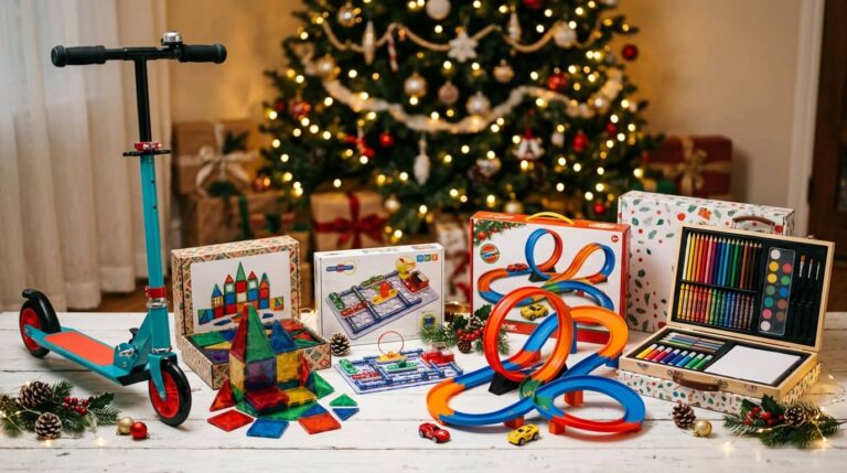 Best Christmas gifts for 5 year old boys including a scooter, magnetic tiles, a snap circuits kit, a race track, and an art case arranged in front of a decorated Christmas tree