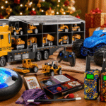 A festive Christmas toy display for 5 year old boys, featuring construction trucks, a remote control monster truck, hover soccer toy, magic kit, and walkie talkies near a decorated Christmas tree.