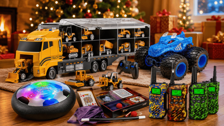 A festive Christmas toy display for 5 year old boys, featuring construction trucks, a remote control monster truck, hover soccer toy, magic kit, and walkie talkies near a decorated Christmas tree.