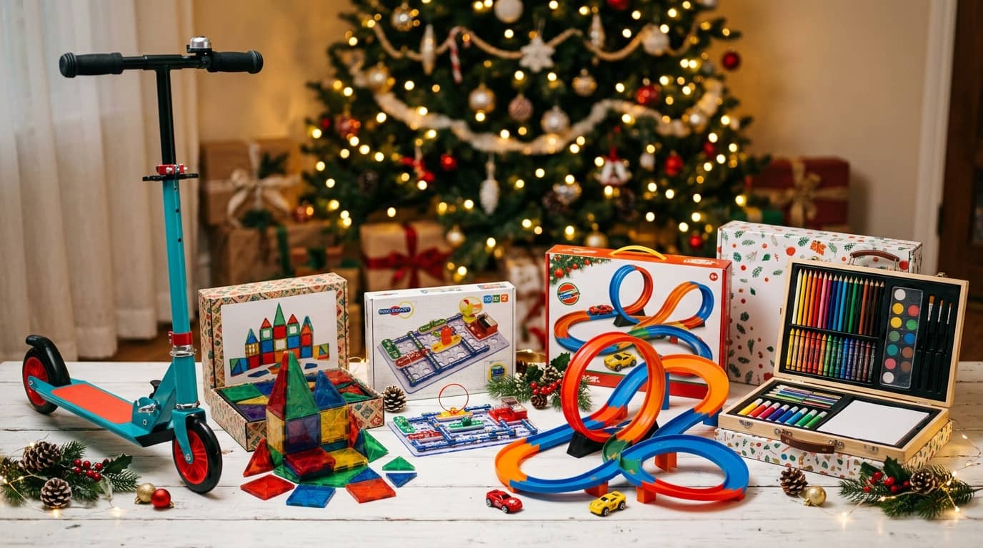 Best Christmas gifts for 5 year old boys including a scooter, magnetic tiles, a snap circuits kit, a race track, and an art case arranged in front of a decorated Christmas tree