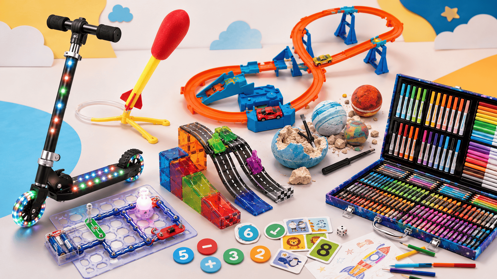 Best Christmas Gifts for 5 Year Old Boys, featuring construction trucks, a remote control monster truck, hover soccer toy, magic kit, and walkie talkies near a decorated Christmas tree.