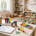 Best creative toys for 5 year olds including art supplies, a xylophone, craft materials, and building blocks in a bright sunny playroom