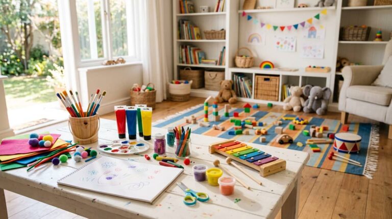 Best creative toys for 5 year olds including art supplies, a xylophone, craft materials, and building blocks in a bright sunny playroom