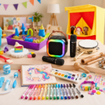 Some of the best creative toys for 5 year olds, including Play-Doh, kinetic sand, a bracelet-making kit, art supplies, a wooden music set, a puppet theater, a toy doctor kit, and dress-up toys in a bright playroom.