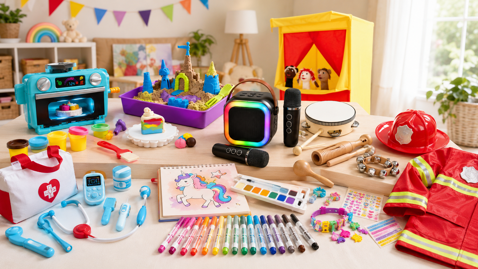Some of the best creative toys for 5 year olds, including Play-Doh, kinetic sand, a bracelet-making kit, art supplies, a wooden music set, a puppet theater, a toy doctor kit, and dress-up toys in a bright playroom.