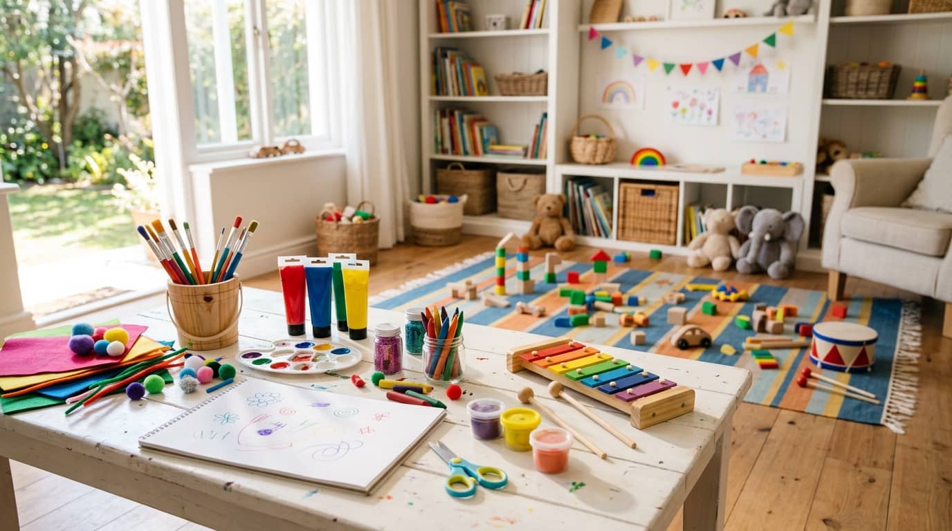 Best creative toys for 5 year olds including art supplies, a xylophone, craft materials, and building blocks in a bright sunny playroom