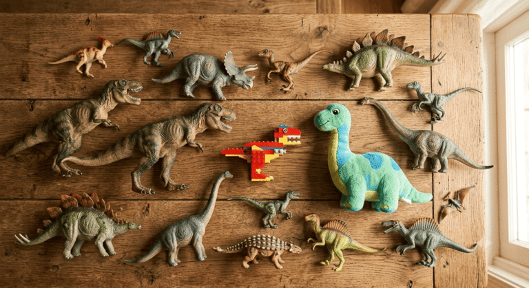 best dinosaur toys for 5 year olds including realistic figures a plush and a brick dinosaur on a wooden surface