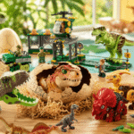 Best dinosaur toys for 5 year olds displayed on a playroom table, including dinosaur figures, plush dinosaurs, building toys, eggs, and active play toys.
