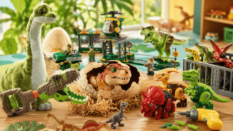 Best dinosaur toys for 5 year olds displayed on a playroom table, including dinosaur figures, plush dinosaurs, building toys, eggs, and active play toys.