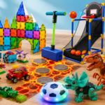 Best gifts for 5 year old boys displayed in a bright playroom, including a drift trike, dinosaur toy set, car track, fire fighter dress-up kit, LEGO building set, scooter, robot building toy, and board game.