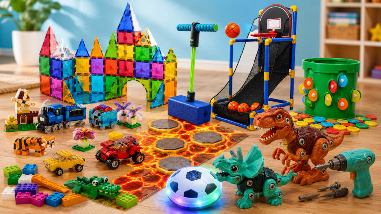 Best gifts for 5 year old boys displayed in a bright playroom, including a drift trike, dinosaur toy set, car track, fire fighter dress-up kit, LEGO building set, scooter, robot building toy, and board game.