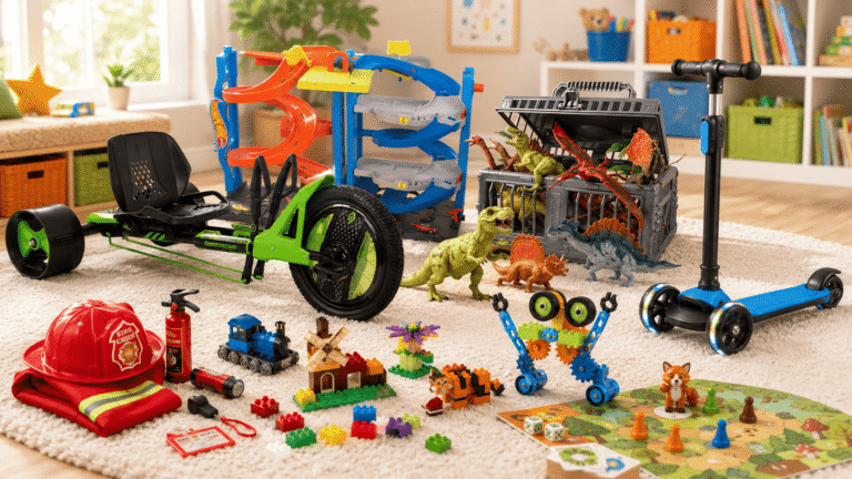 Best gifts for 5 year old boys displayed in a bright playroom, including a drift trike, dinosaur toy set, car track, fire fighter dress-up kit, LEGO building set, scooter, robot building toy, and board game.