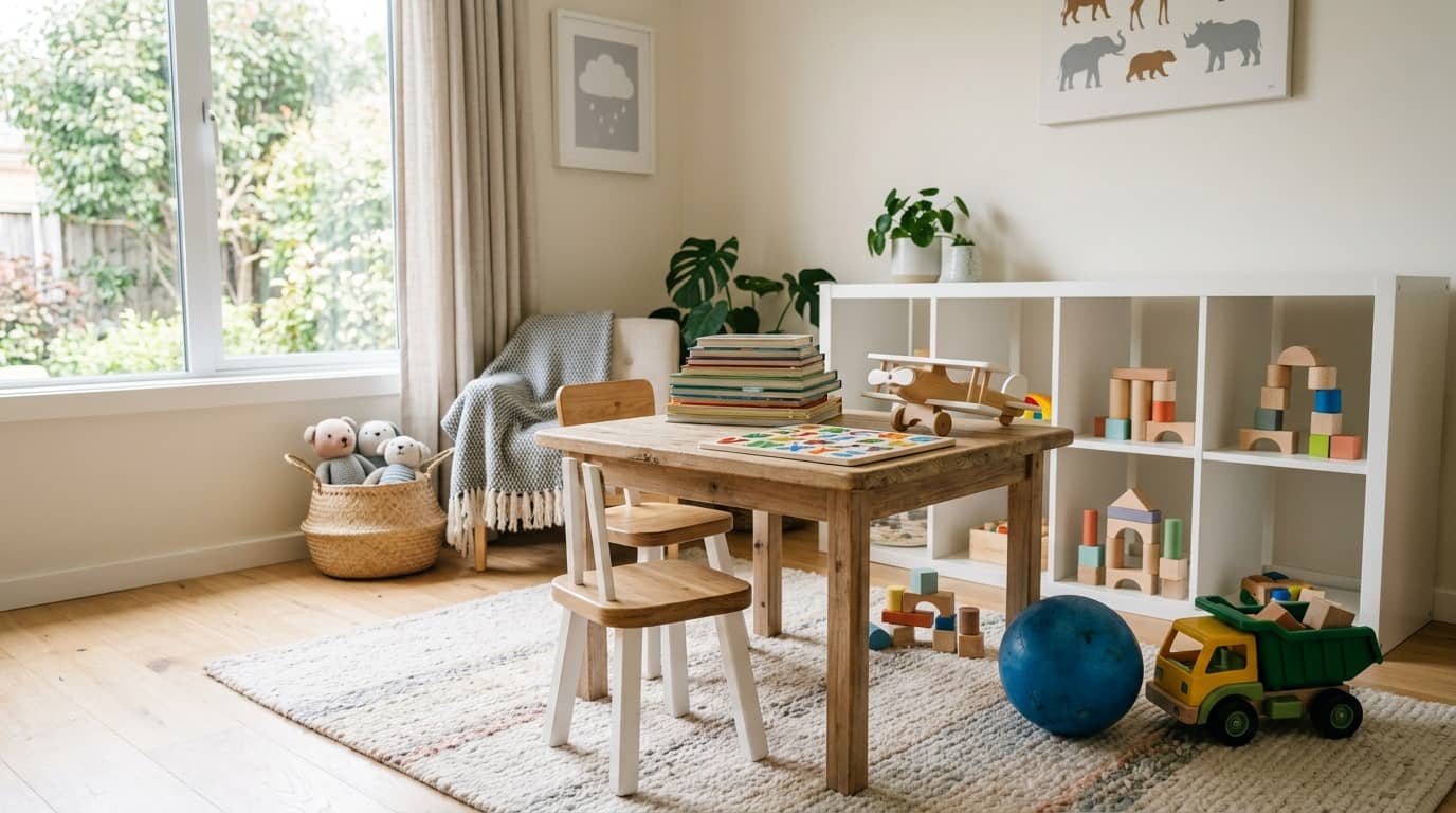 Best Gifts for 5 Year Old Boys displayed in a bright playroom with generic toys, books, blocks, a ball, and a toy truck