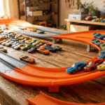 best Hot Wheels sets for 5 year olds with colorful toy cars on an orange racing track on a wooden table