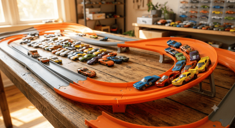 best Hot Wheels sets for 5 year olds with colorful toy cars on an orange racing track on a wooden table