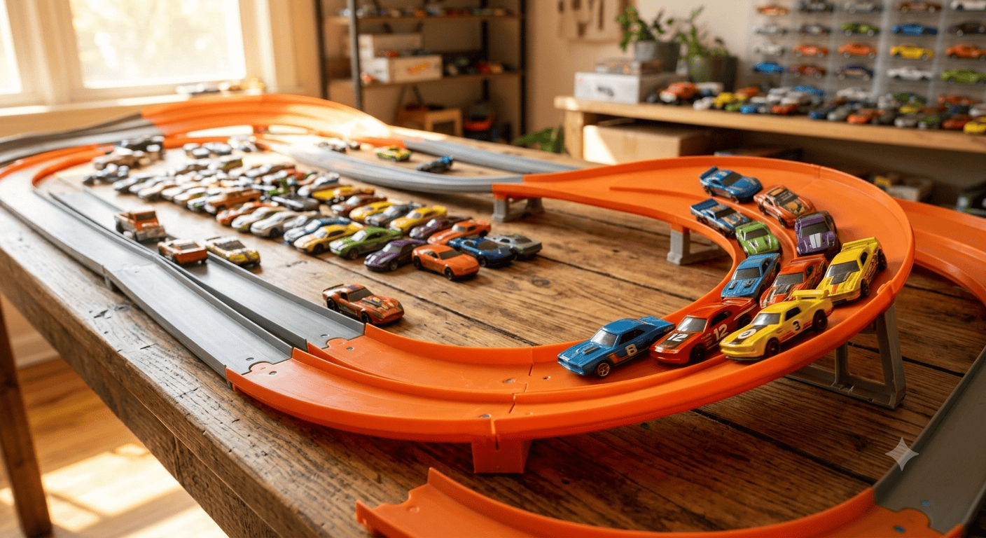 best Hot Wheels sets for 5 year olds with colorful toy cars on an orange racing track on a wooden table
